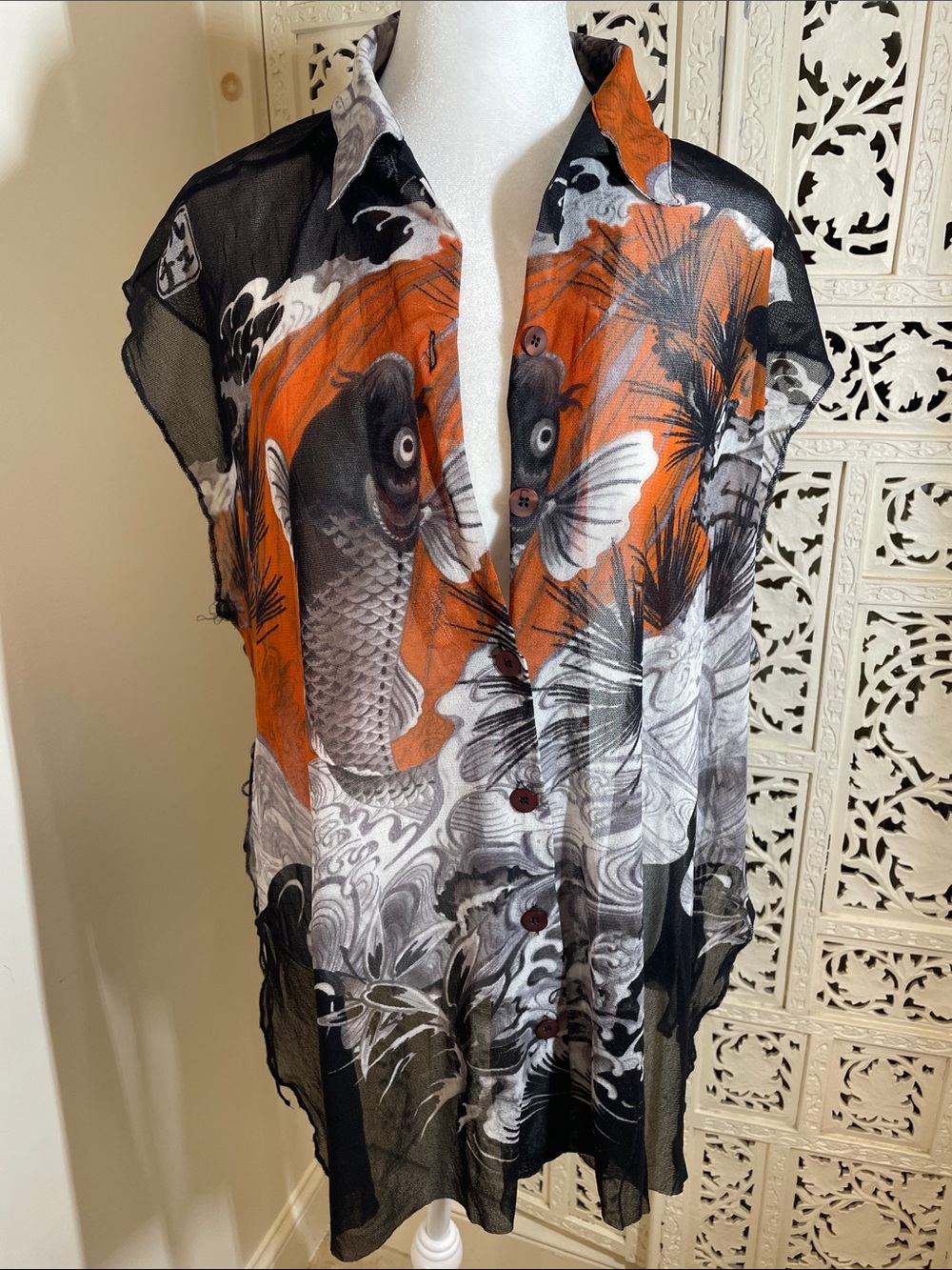 RARE Jean Paul Gaultier Sheer Koi Print Button-Down Blouse in Orange and Black